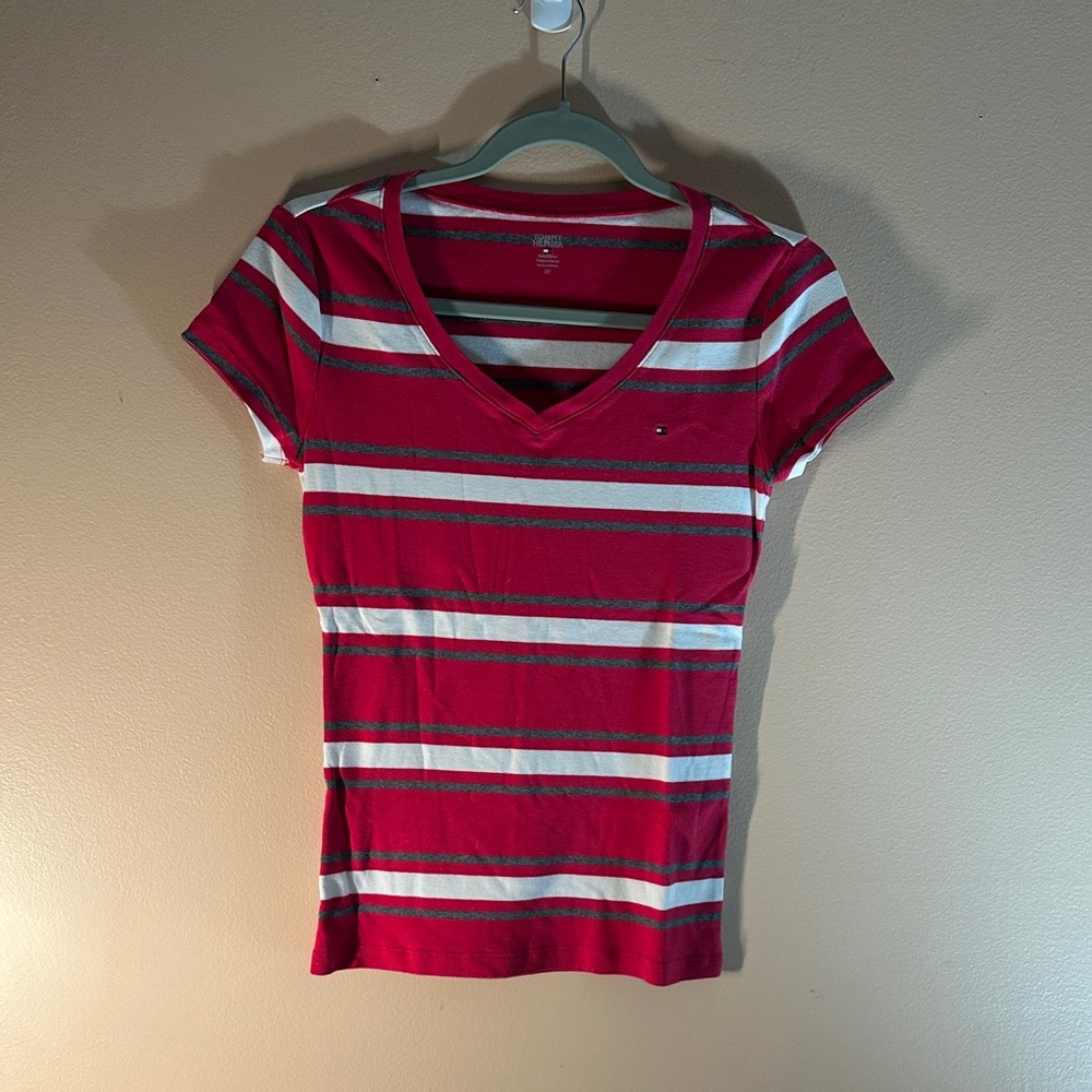 Tommy Hilfiger Women's Striped Dark Pink and White V-Neck Tee